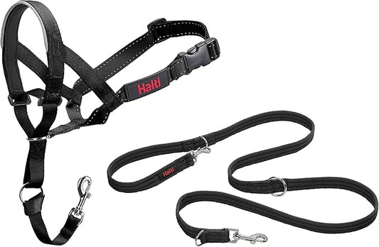 Halti Headcollar Size 5, Black & Halti Training Leash Size Large, Black Combination Pack - Stop Your Dog Pulling on the Leash. Adjustable, Lightweight with Padded Nose Band. Suitable for Large Dogs