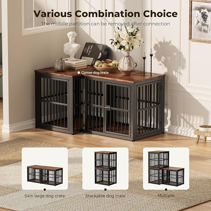 Lyromix 27'' Dog Crate Furniture with 3 Doors,Wooden Crate End Table Heavy Duty Indoor Puppy Cage for Small Dogs, Multiple Units Can be Combined, Rustic Brown