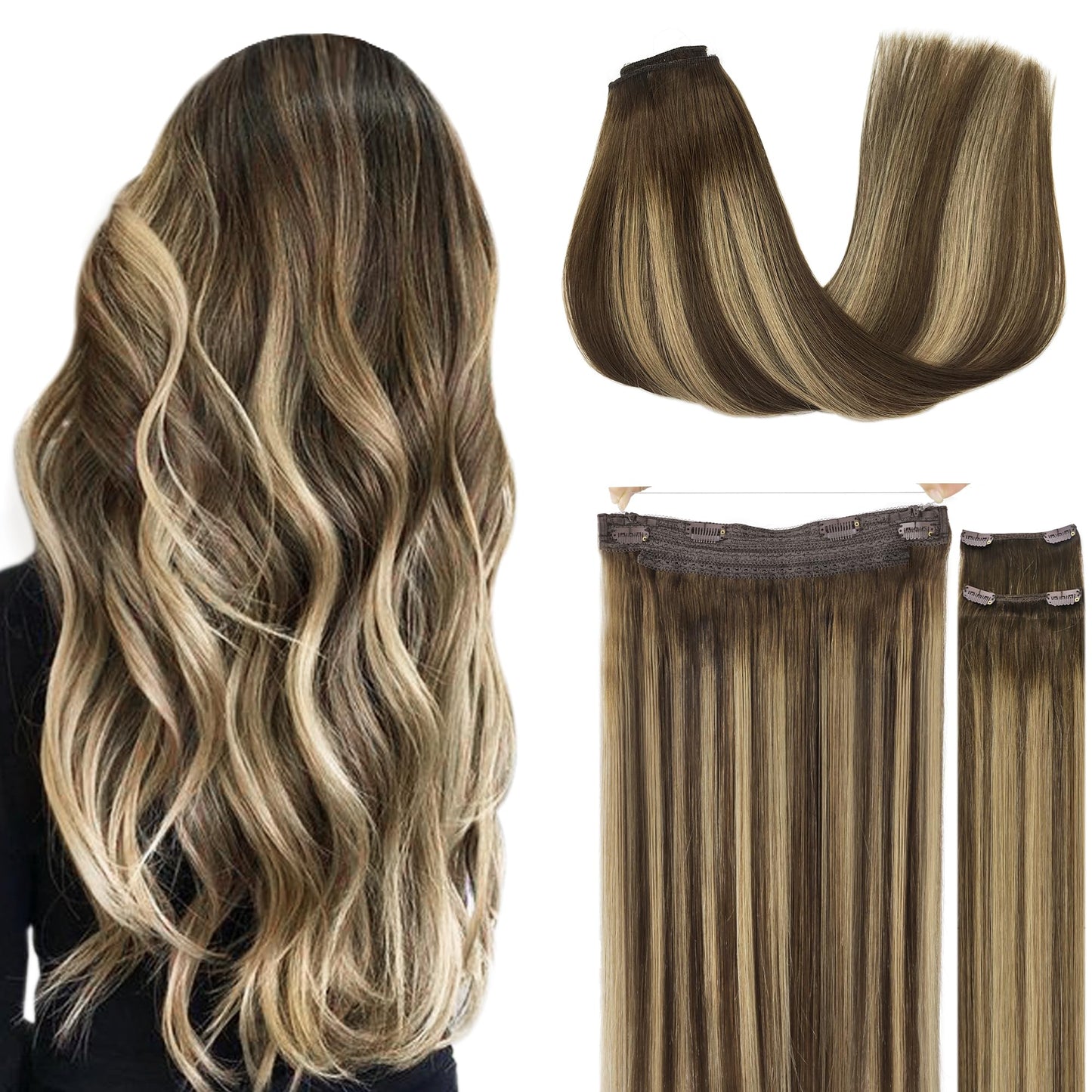 Goo Goo Wire Hair Extensions Human Hair, 4/27/4 Chocolate Brown With Caramel Blonde Balayage 16Inch 125G, Invisible Wire Hair Ex
