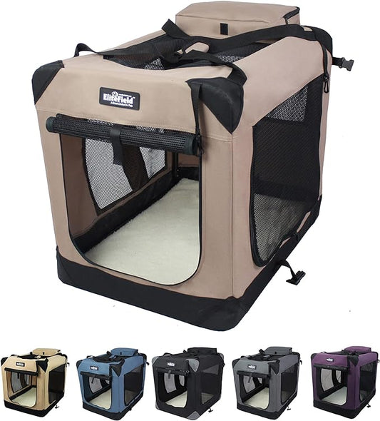 EliteField 3-Door Folding Soft Dog Crate with Carrying Bag and Fleece Bed (2 Year Warranty), Indoor & Outdoor Pet Home (20" L x 14" W x 14" H, Khaki)