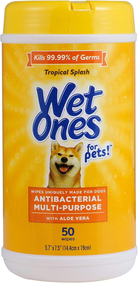 Wet Ones for Pets Antibacterial Dog Wipes, Multi-Purpose Grooming Wipes with Aloe Vera for Paws, Face & Body, Easy Cleanups Between Baths, Tropical Splash Scent, 5.7 in x 7.5 in, 50 Count