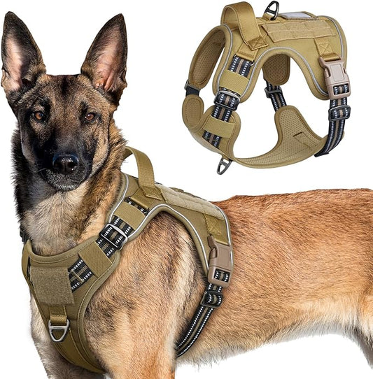 rabbitgoo Tactical Dog Harness for Large Dogs, No Pull Military Service Vest with Handle & Molle, Easy Control for Training Walking, Adjustable Reflective Straps, Brown, XL