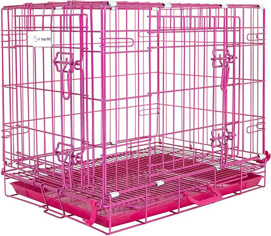 HOMEY PET 24 Inch Small Dog Crate, Cute Pink Puppy Cage Collapsible Dog Kennel Indoor, Nano-Coated Metal Wire Dog Crate with Removable Floor Grid Tray, Double Doors Dual Locks, Portable Handle