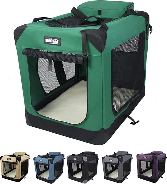 EliteField 3-Door Folding Soft Dog Crate with Carrying Bag and Fleece Bed (2 Year Warranty), Indoor & Outdoor Pet Home (42" L x 28" W x 32" H, Green)