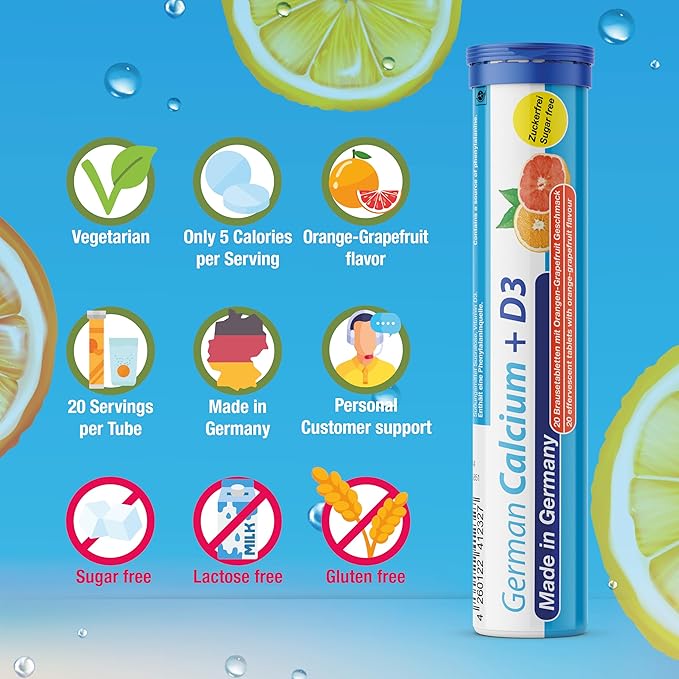 German Calcium + VIT. D - 40 Vegetarian Drink Effervescent Tablets - Orange-Grapefruit Flavor - Made in Germany