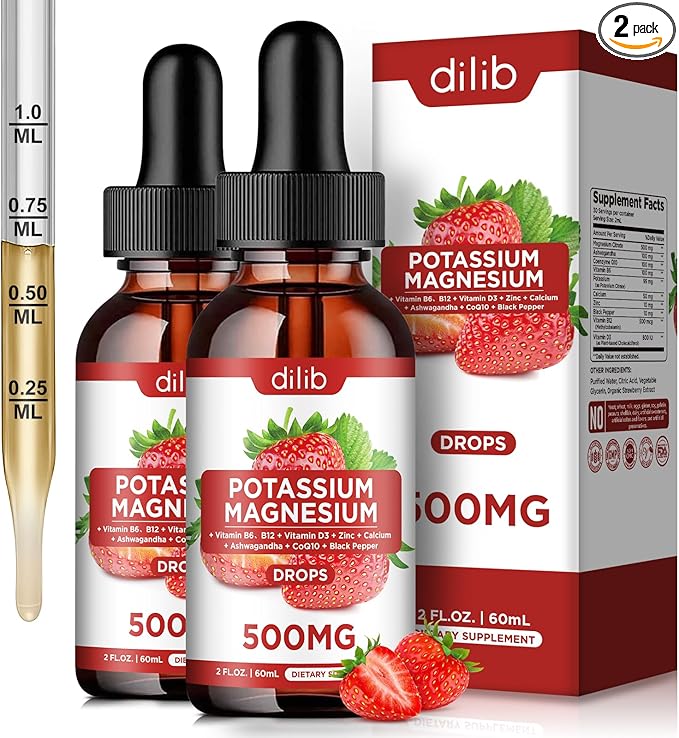 Potassium Magnesium Citrate Supplement, Liquid Magnesium Citrate Drops 500mg with Ashwagandha, Calcium, Zinc, Vitamin D3, B6, B12, CoQ10 - Support Calm & Bone & Muscle & Immune Health Vegan 2 Pack