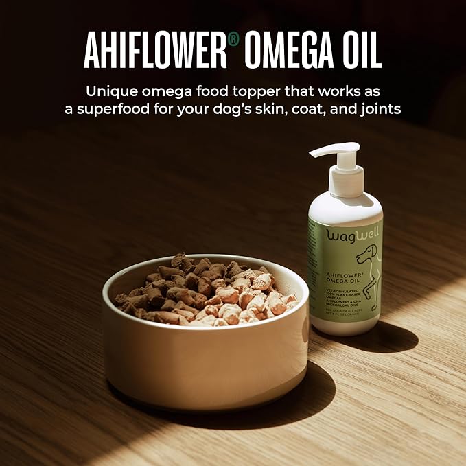 WagWell Ahiflower Omega Oil - Vet-Formulated Skin, Coat, Hip and Joint Supplement for Dogs - Plant-Based Omega 3, 6 and 9 Supplement - Natural Non-GMO Dog Omega Oil, 8 fl.oz. Pump Bottle