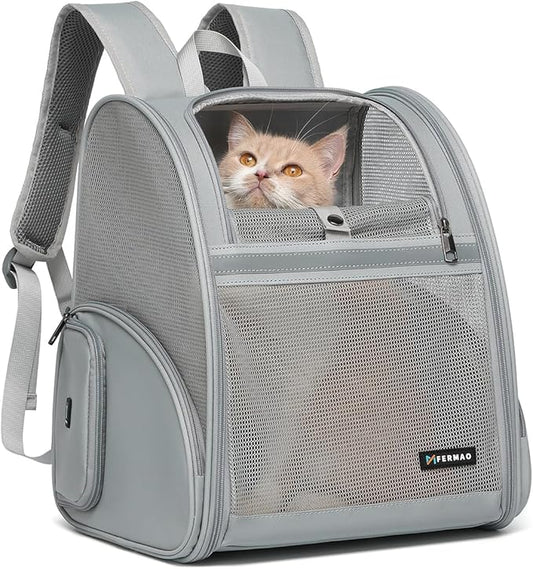 Cat Backpack Carrier for Small Dogs and Medium cat Puppy Kitten Bunny Pet Carrier Backpack Collapsible with Fully Ventilated Mesh with Safety Leash (Gray, 12.9" L x 10.62" W x 15.5" H - M)