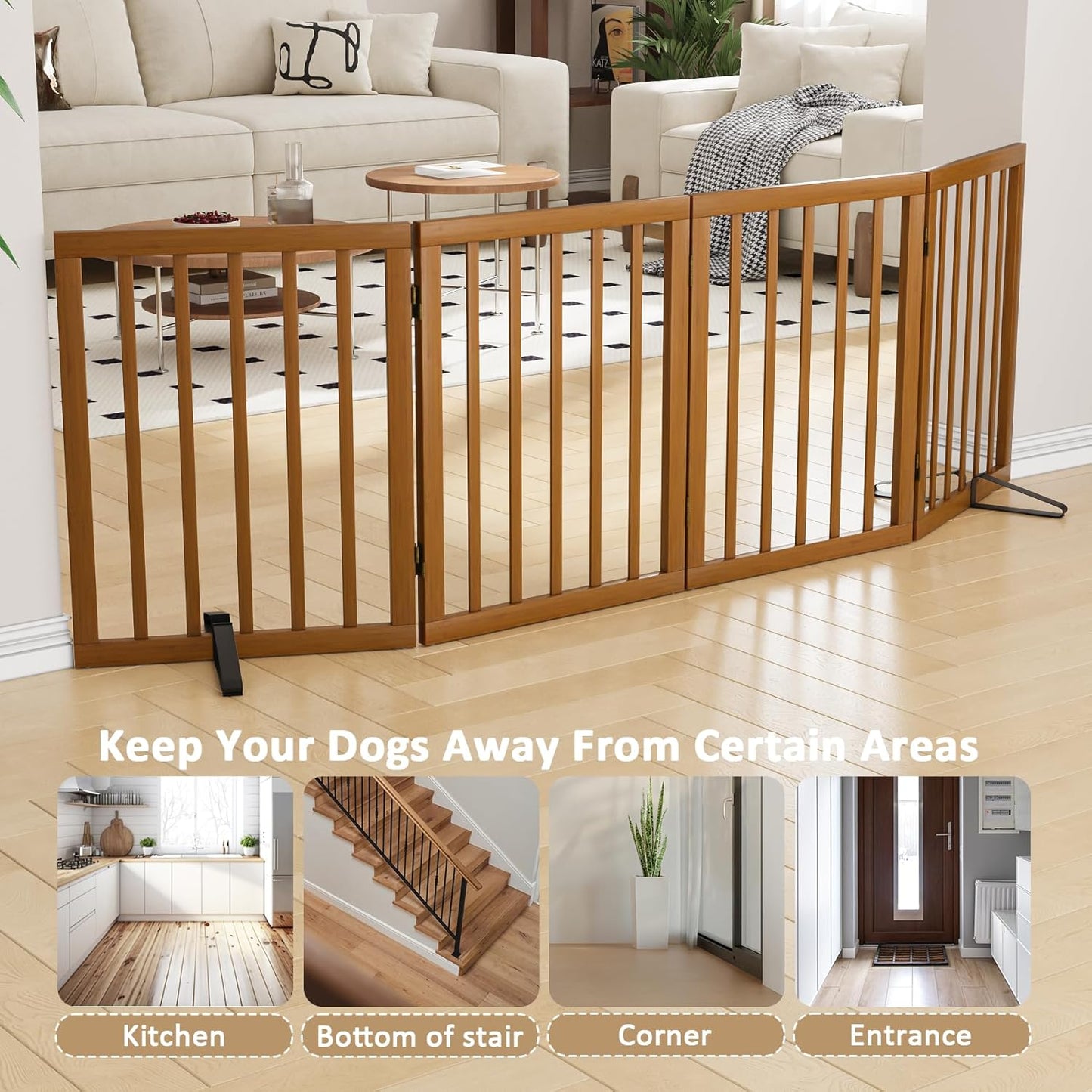 Freestanding Pet Gate Foldable 4 Panel Dog Gate Walnut Dog Gates for Stair Doorways House Indoor (2 Support Feet Included)