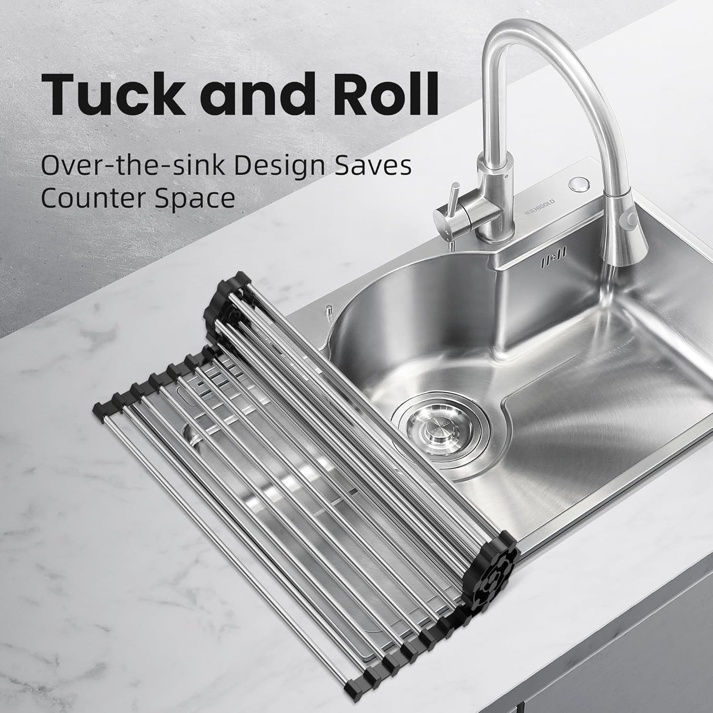 NEZUIBAN Dish Drying Rack with Roll Up and Over Sink for Kitchen,17.5"x11.8",Black