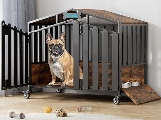 EasyCom 31" Heavy Duty Dog Crate Furniture, Dogs Kennel Indoor with 360° Wheels, Decorative Dog Crates for Small Dogs, Wooden Dog Cage with Feeding Window and Name Tag, Dog House, Rustic Brown