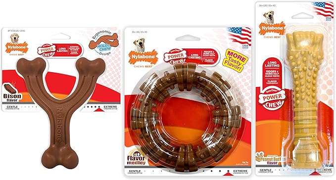 Nylabone Customer Favorites Power Chew Toy Bundle for Dogs, Indestructible Dog Toys for Aggressive Chewers, Pack of 3 Dog Toys, Flavor Medley, Large Dogs - Up to 50 lbs, 3 Pack