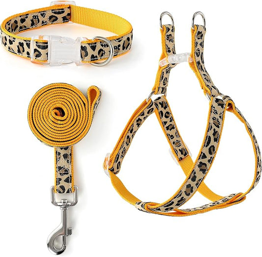Mile High Life Leopard Dog Harness Collar Leash Set, Adjustable No Pull Dog Halter Harness for Small Breed Dogs, Easy Control for Training Walking (Yellow, M Chest 15"-21", Neck 13"-17")