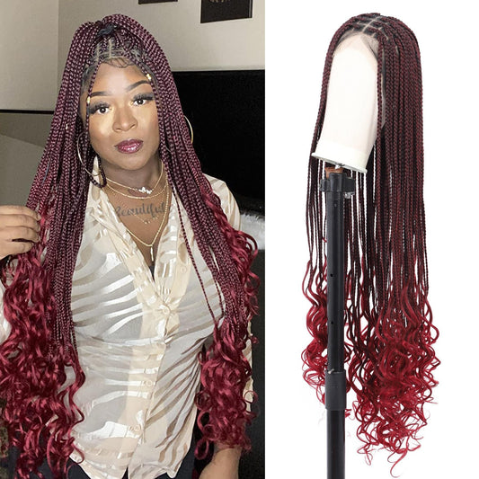 Olymei Box Braid Wigs With Boho Curls Ends Square Knotless Braided Wigs For Women Braided Lace Wig With Baby Hair Human Hair Ble
