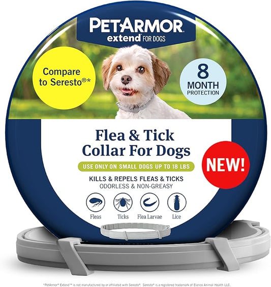PetArmor Extend Dog Flea and Tick Treatment & Prevention Collar for Small Dogs up to 18 lbs., 8 Months of Protection, Odorless & Non-Greasy, Waterproof, Kills Fleas, Ticks, and Larvae, 1 Count