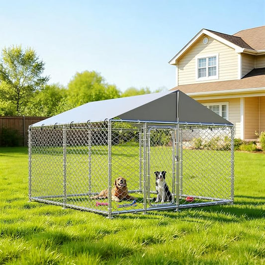 7.8'x7.8' Outdoor Dog Kennel, Heavy-Duty Dog Enclosure with Wire Mesh Fence, Lock & Waterproof Cover for Large Dogs