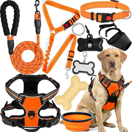 No Pull Dog Harness Adjustable Collar & Leash Set - Dog Halter Harnesses Collapsible Bowls & Poop Bag Dispenser Muzzle ID Tags Toys Fits Small Medium Large Dogs (Orange-L)