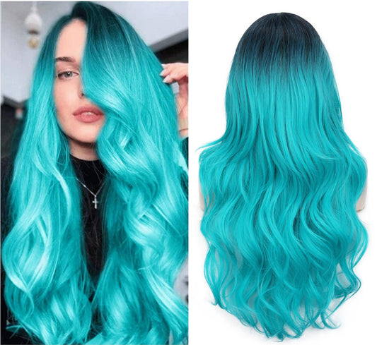 Fave Ombre Bluish Green Wig Long Wavy Side Part Wig Heat Resistant Synthetic Hair Teal Blue Wig Mermaid Wigs For Women (Ombre Bl