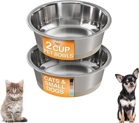 Neater Pet Brands Stainless Steel Dog Bowls with Non-Slip Rubber Bottom – 2 Cup (16 oz), Tan - Set of 2 Heavy Duty Metal Dog Bowls, Dishwasher Safe, Food or Water Bowl, Ideal for Small Dogs & Cats