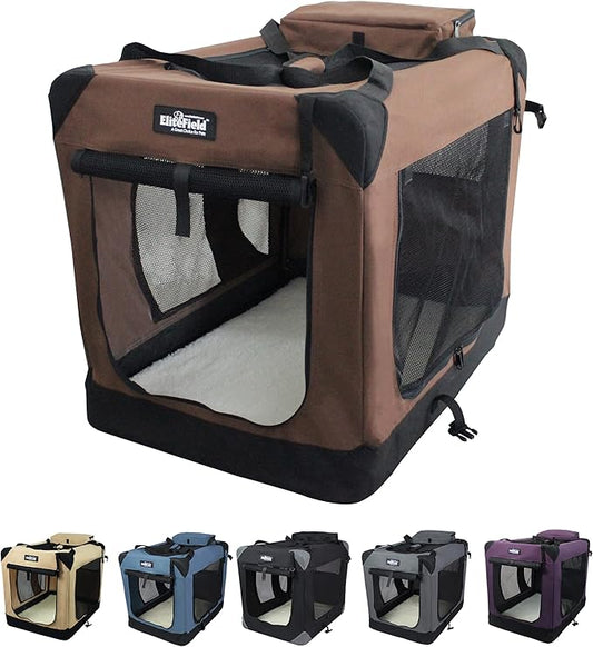 EliteField 3-Door Folding Soft Dog Crate with Carrying Bag and Fleece Bed (2 Year Warranty), Indoor & Outdoor Pet Home (20" L x 14" W x 14" H, Brown)