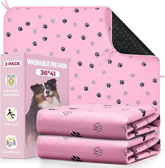 Fostanfly Washable Pee Pads for Dogs, 2 Pack Large 36"x41" Ultra-Absorbent and Leak-Proof Non-Slip Reusable Potty Training Pads for Dogs, Cats, Puppy, Potty of Add 8 Lanyards, Pink