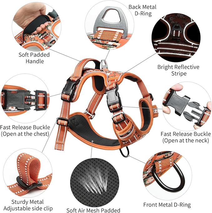 Timos Dog Harness, No Pull Dogs Harness 3 Snap Buckles Adjustable Reflective No Choke Pet Vest for Small Dog with Soft Padded Control Training Handle for Outdoor Training,Flower Orange, XS