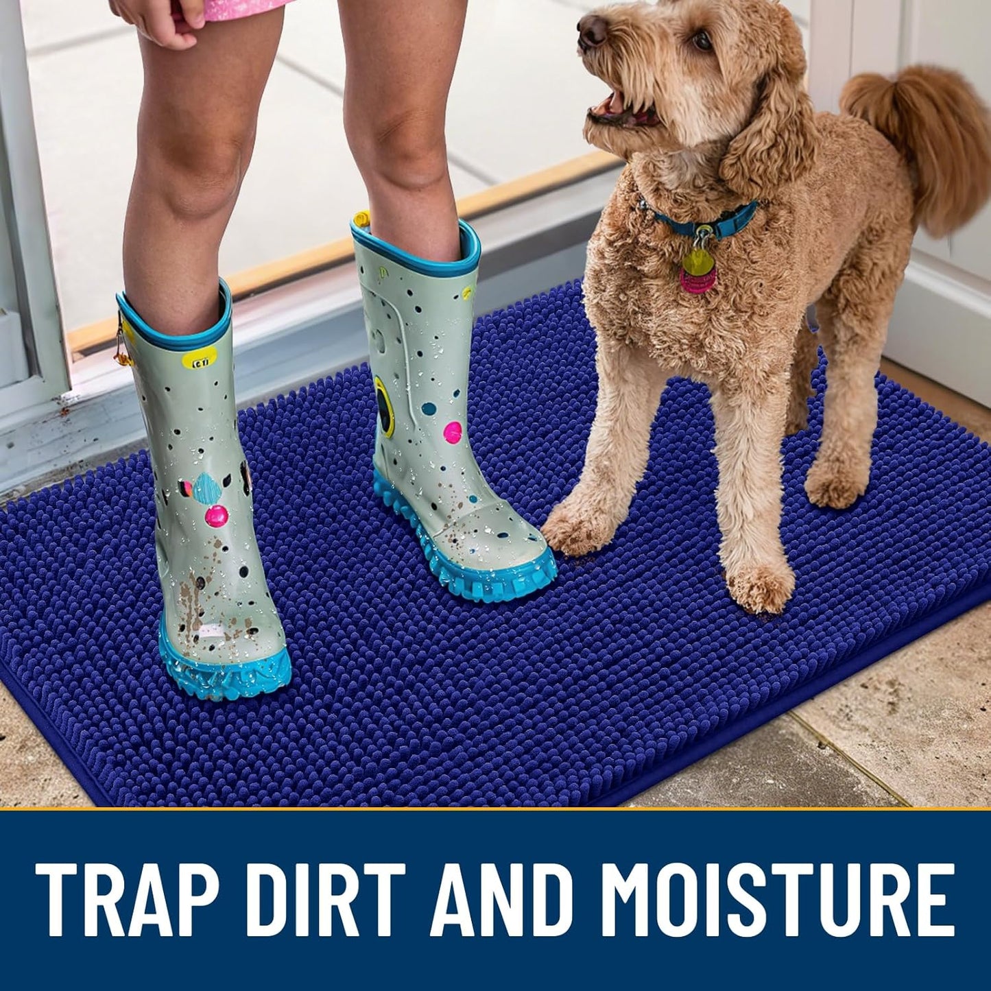 Smiry Dog Door Mat for Muddy Paws 59x24, Absorbs Moisture and Dirt Doormat, Non-Slip Washable Quick Dry Chenille Front Door Mat Indoor Entrance, Entryway Carpet for Inside Floor, Navy Blue