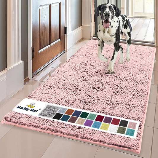 Muddy Mat® | Super Absorbent Door Mat Indoor, Microfiber Quick Dry Chenille Entryway Rug, Non-Slip Front Door Mat, Indoor Mats for Entryway, Machine Washable Pet Rug, Pink 35"x60"