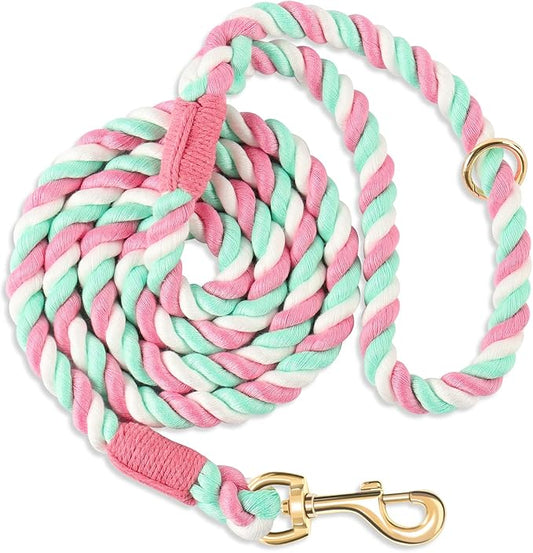 Dog Leash 6 FT Handmade Braided Cotton Rope Leashes for Small Medium and Large Dogs, New Golden Heavy Duty Metal Clasp, Cherry Blossom Pink