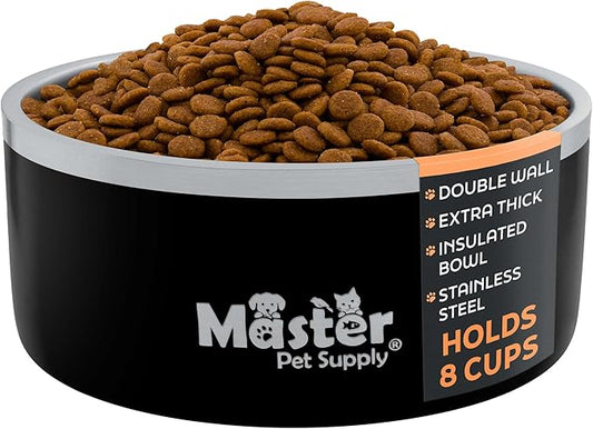 Master Pet Supply Stainless Steel Dog Bowls - 64 oz, Heavy Duty - Black Velvet, Double Wall Extra-Thick Insulated, Non-Slip Pet Water Bowl for Dogs, Cats & Pets, Anti Rust Metal, Dish Washer Safe