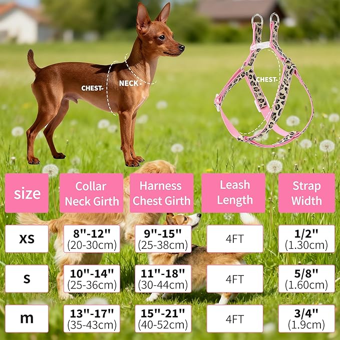 Mile High Life Leopard Dog Harness Collar Leash Set, Adjustable No Pull Dog Halter Harness for Small Breed Dogs, Easy Control for Training Walking (Pink, S Chest 11"-18", Neck 10"-14")