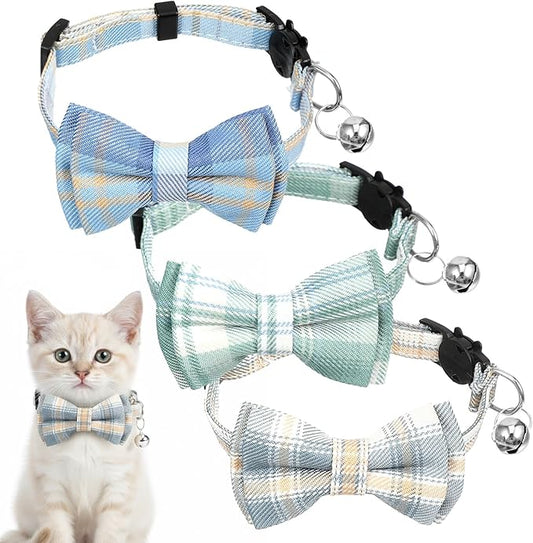 3pcs Bow Tie Cat Collar with Bells, Breakaway Bowtie Plaid Cat Collar, Soft Adjustable Bow Cats Collars for Kitten Puppy and Small Pets
