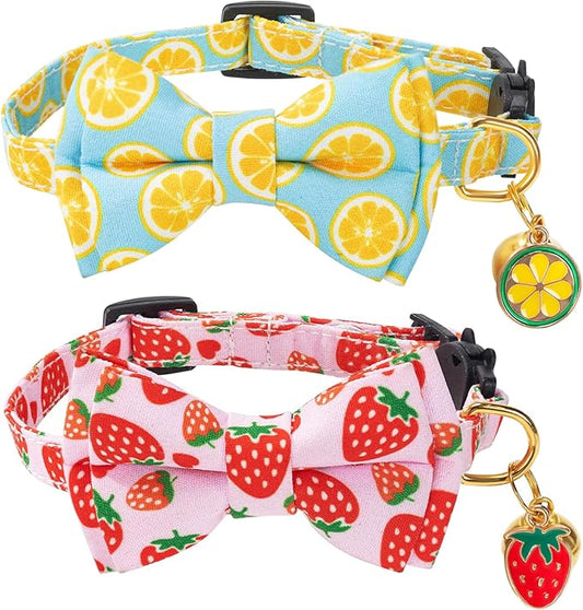 Breakaway Cat Collar with Cute Bow Tie Bell 2Pack Lemon Strawberry Summer Collars for Male Female Soft Cotton Kitty Kitten Collar Cute Cat Collars Ideal for Girl Cats Boy Male Cats