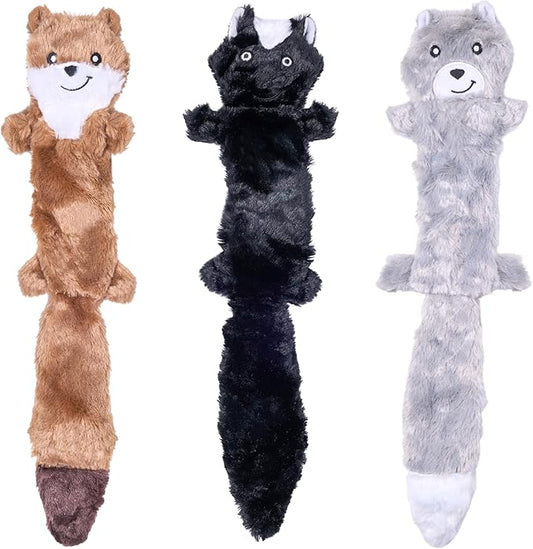 ZippyPaws Skinny Peltz - No Stuffing Dog Toy Pack to Keep Them Busy, for Medium and Large Dogs, Squeaky Pet Toys, Unstuffed Chew Toys, Soft Plush Variety Pack, Weasel, Skunk, and Wolf - 18"
