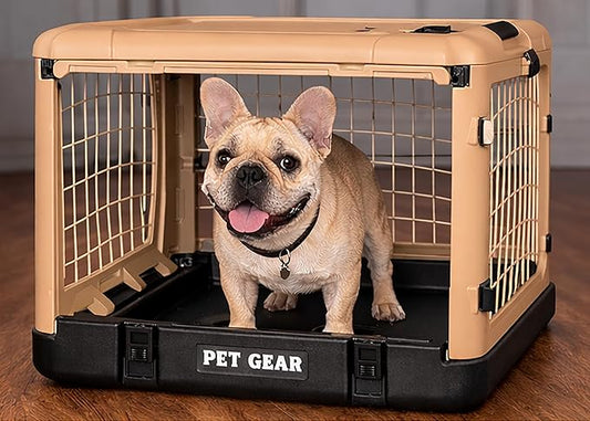 Pet Gear “The Other Door” 4 Door Steel Crate for Dogs/Cats with Garage-Style Door, Includes Plush Bed + Travel Bag, No Tools Required, Sand Dune, 27 Inch