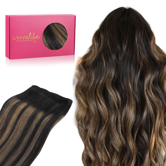 Wennalife Sew In Hair Extensions Real Human Hair, 22 Inch 110G Balayage Natural Black To Chestnut Brown Machine Weft Hair Extens