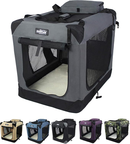 EliteField 3-Door Folding Soft Dog Crate with Carrying Bag and Fleece Bed (2 Year Warranty), Indoor & Outdoor Pet Home (20" L x 14" W x 14" H, Gray)
