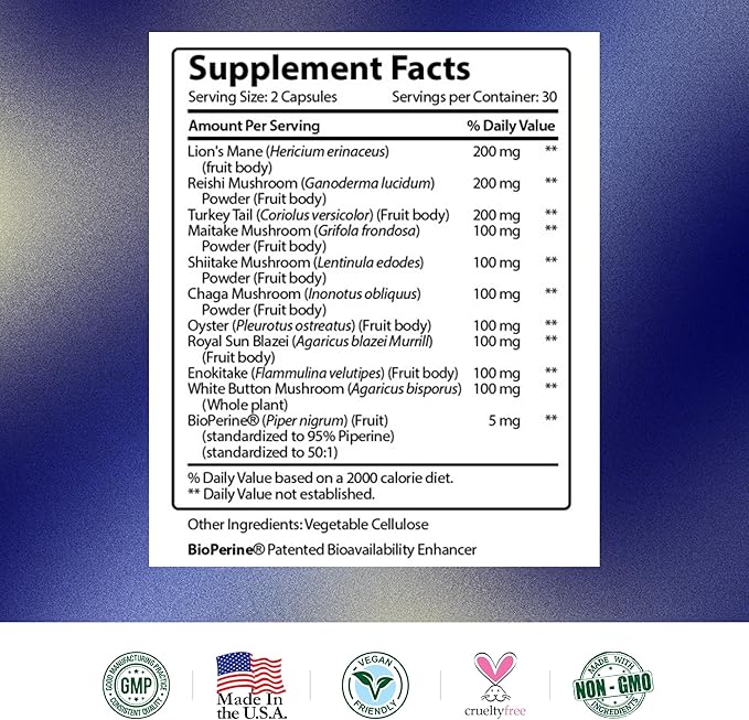 Research Verified Mushroom Complex - Support Immunity, Boost Antioxidants, Improve Cognitive Function - 10 Mushrooms Including Reishi, Maitake, and Shiitake - 360 Capsules - Vegan