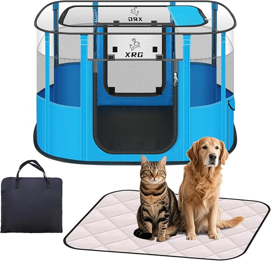 Portable Pet Playpen with Waterproof pad, Collapsible Crates Kennel Playpen for Dog cat and Rabbit &Travel playpen Outdoor or Indoor (Medium（31.5" L x 23.6" W x 21.7" H）, Clear Blue)