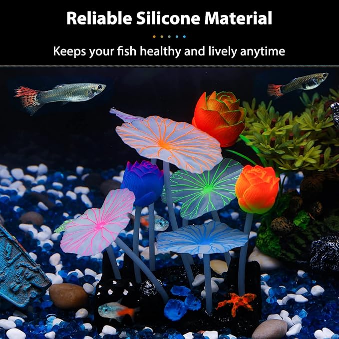 Uniclife Glowing Effect Lotus Ornament Silicone Decor Aquarium Decoration for Fish Tank with Suction Cup