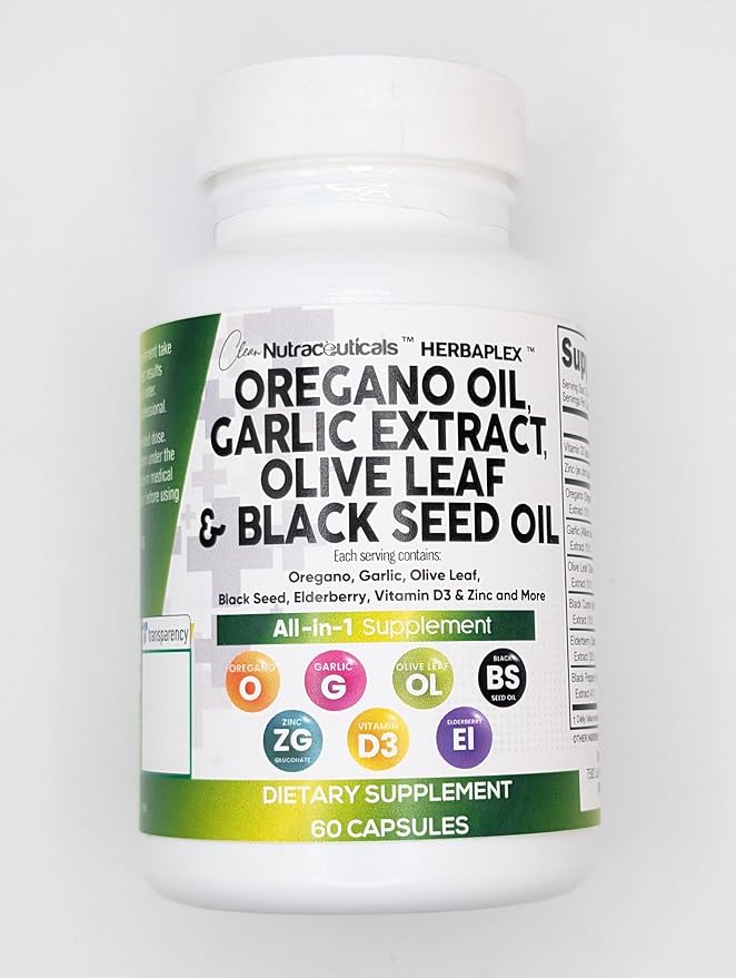 Clean Nutraceuticals Oregano Oil Garlic Extract Olive Leaf Black Seed Oil - Immune Support & Digestive Health Supplement for Women and Men with Vitamin D3 & Zinc - 3Pack
