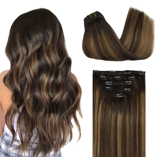 Doores Clip In Hair Extensions Real Human Hair, 5Pcs 80G Balayage Chocolate Brown To Honey Blonde 18 Inch Hair Extensions Clip I