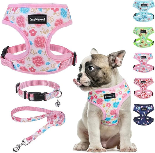 SCENEREAL Small Dog Harness Collar and Leash Set, Adjustable No Pull Pet Harnesses, No Chock Soft Mesh Vest for Doggie Puppy Medium Dogs Cats Girl or Boy,Chihuahua, Yorkie, Outdoor Walking