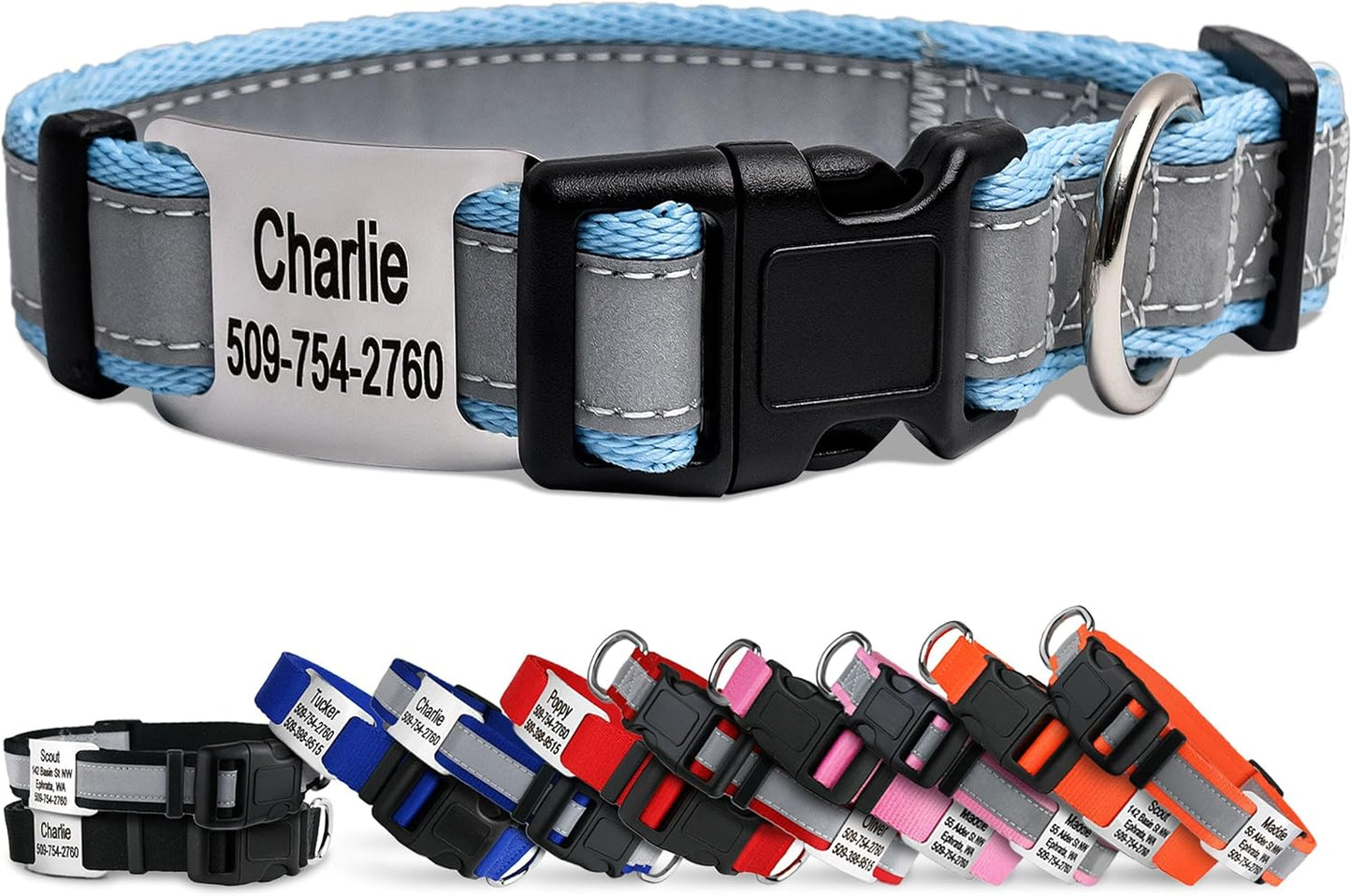 GoTags Reflective Personalized Dog Collar with Nameplate, Adjustable Dog Collar with Custom Engraved Steel Slide On Pet ID Tag, Silent, No Noise Dog Tag for Large Medium or Small (Light Blue, Small)