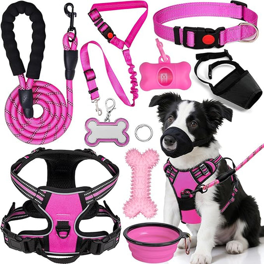 No Pull Dog Harness Adjustable Collar & Leash Set - Dog Halter Harnesses Collapsible Bowls & Poop Bag Dispenser Muzzle ID Tags Toys Fits Small Medium Large Dogs (Pink-M)
