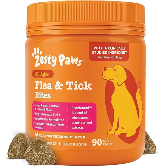 Zesty Paws Flea and Tick Prevention for Dogs Chewable - Prevention, Protection & Repellent - Dog Supplement to Kill & Control Fleas & Ticks - with Garlic, Thyme, Rosemary & Lemon Balm Extract - 90 Ct