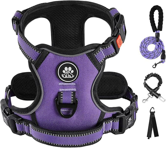 IVY&LANE No Pull Dog Harness for Large Dogs, Dog Vest Harness with Leash, Safety Belt and Storage Strap, Fully Adjustable Harness, 360° Reflective Strip, Soft Handle (Purple, XL)
