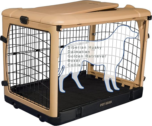 Pet Gear “The Other Door” 4 Door Steel Crate for Dogs/Cats with Garage-Style Door, Includes Plush Bed + Travel Bag, No Tools Required, New Tan, 42 Inch