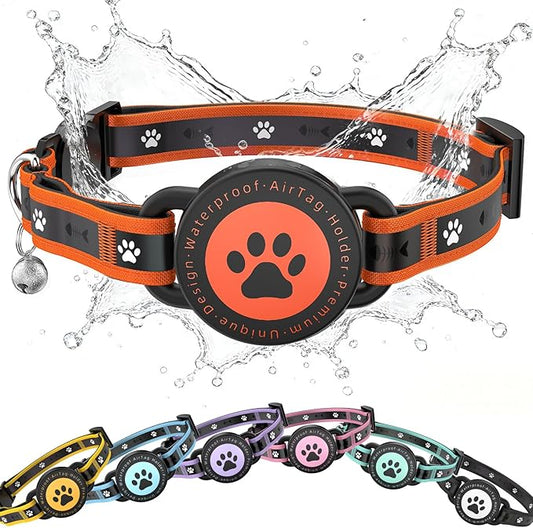 Airtag Cat Collar Breakaway, Reflective Cat Collar with AirTag Holder and Bell, Compatible with Apple Air Tag, Comfortable Padding, Adjustable, Durable (Orange, S)
