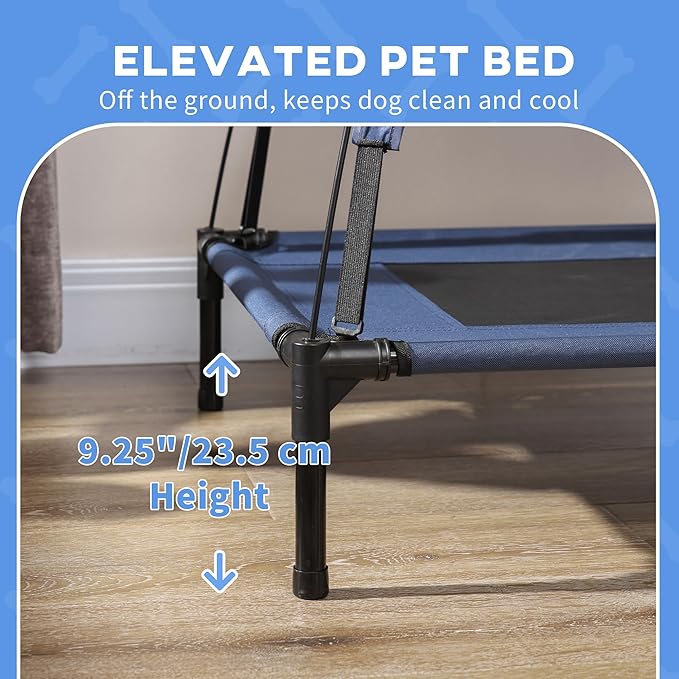 PawHut Elevated Dog Bed with Canopy, Portable Raised Dog Cot for XL Sized Dogs, Indoor & Outdoor, 48" x 36" x 43", Dark Blue
